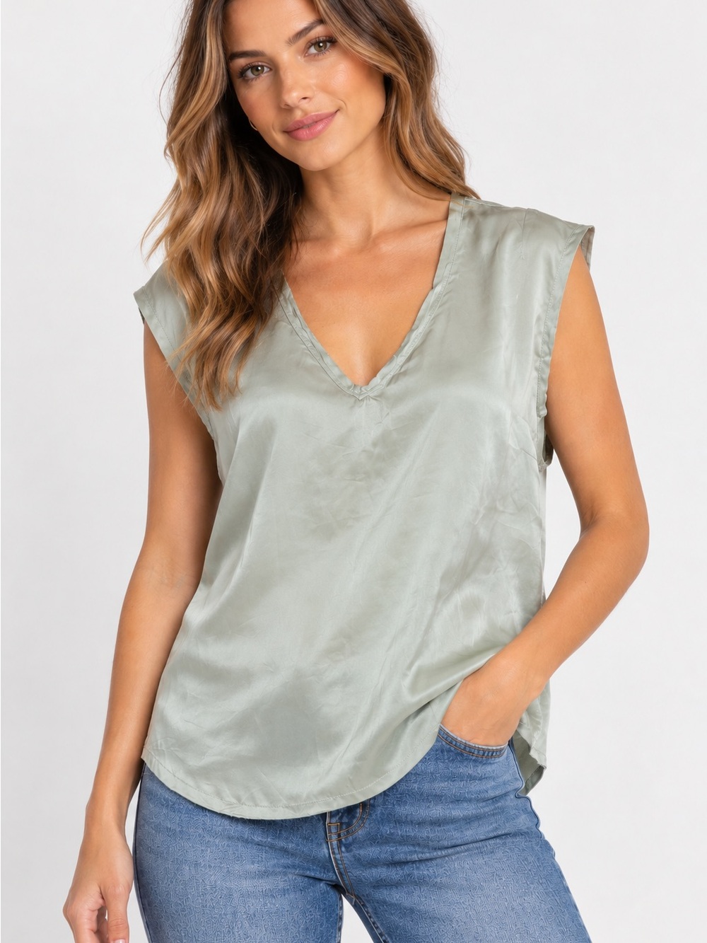 Dear John Sage Satin V-Neck Cap-Sleeve Camisole